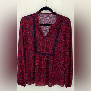 LOFT Red Embellished Blouse with Bib Collar